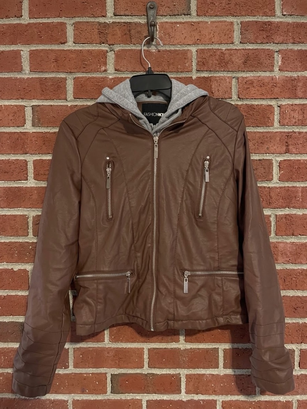 Fashion Nova Brown Faux Leather Moto/Bomber Jacket with Removable Hoodie